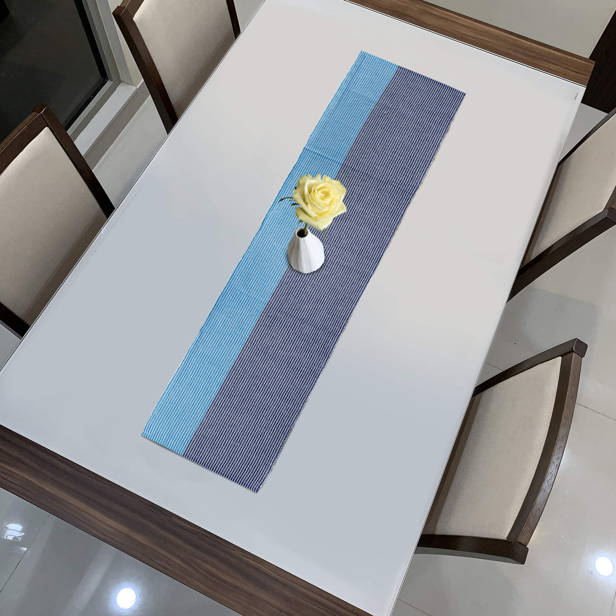 Buy Blue Colour Cotton Ribbed Dining Table Runner - HOKIPO | Har Ghar ka Humsafar