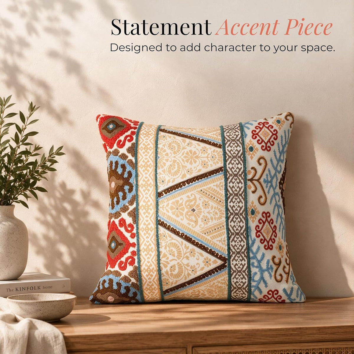 HOKIPO Bouclé Embroidered Cushion Cover, Geometric Stripe Beige, 16 x 16 in - image 5