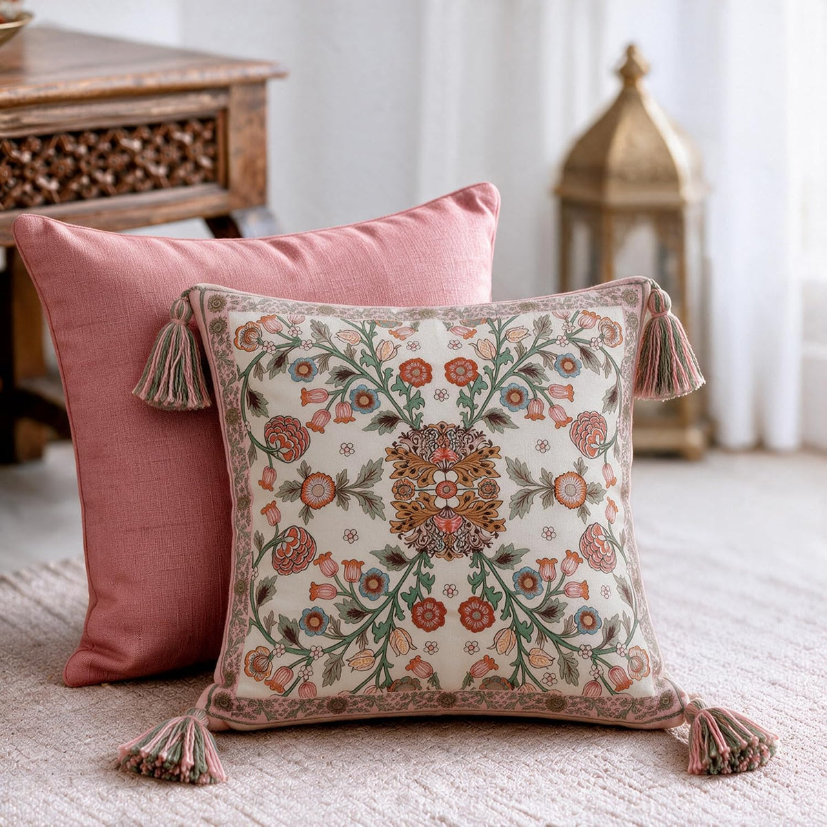 HOKIPO Floral Heritage Printed & Embroidered Cushion Cover, Saffron, Set of 2 - image 8