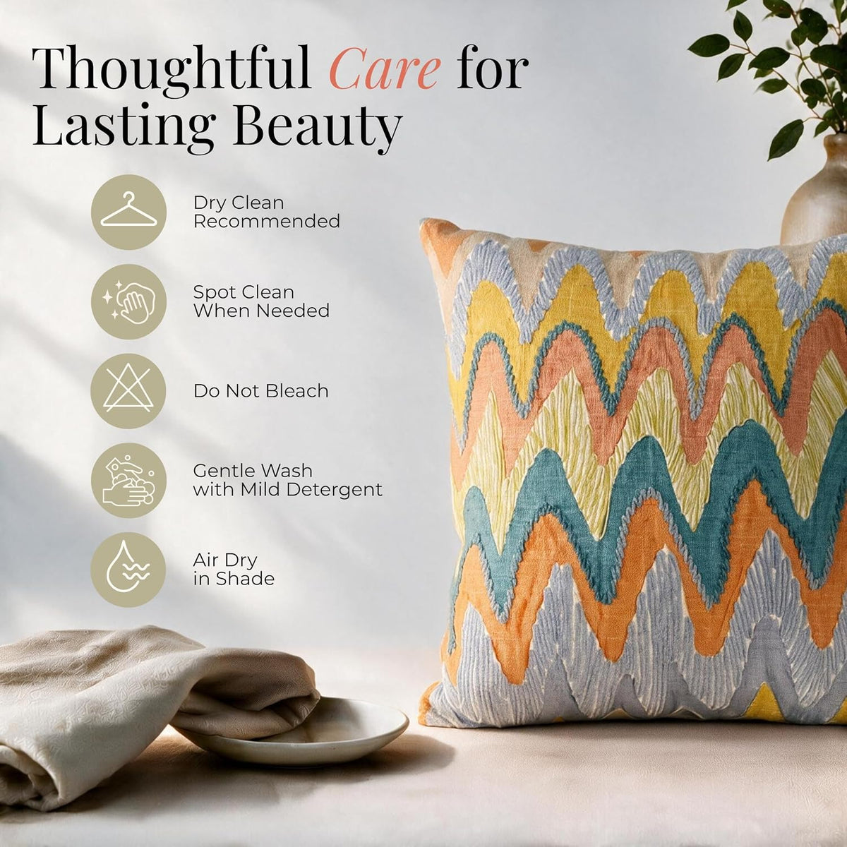 HOKIPO Printed Cushion Cover with Embroidery, Chevron Zigzag Multicolor, 16 x 16 in - image 6