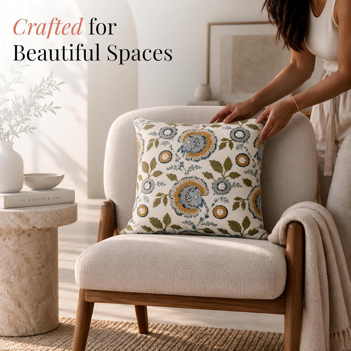 HOKIPO Chenille Embroidered Cushion Cover, Floral Motif Sage Blue, 16 x 16 in - image 2