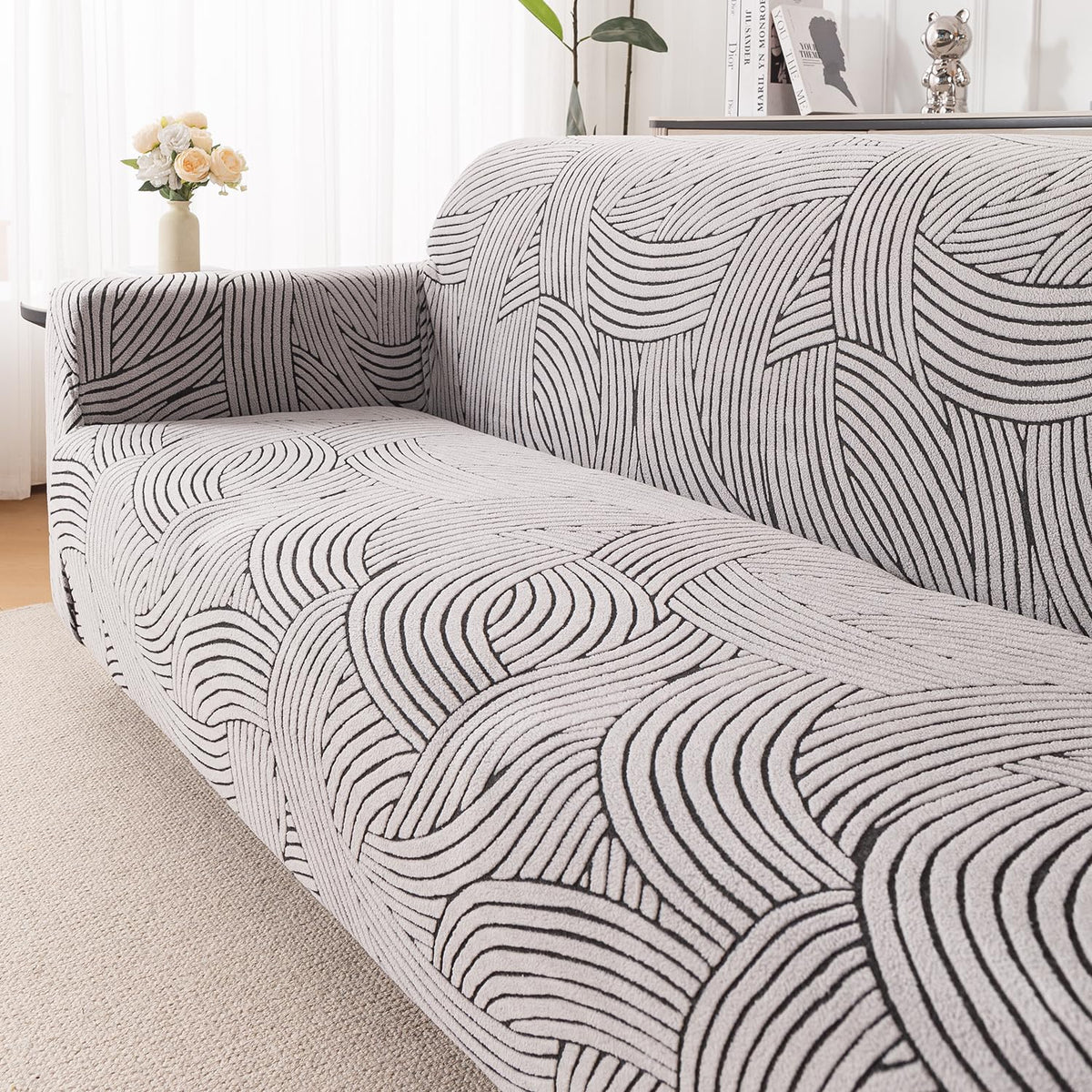 'WaveLine Series' Jacquard Sofa Cover 1/2/3/4-seater Fully Covered, Ash Grey