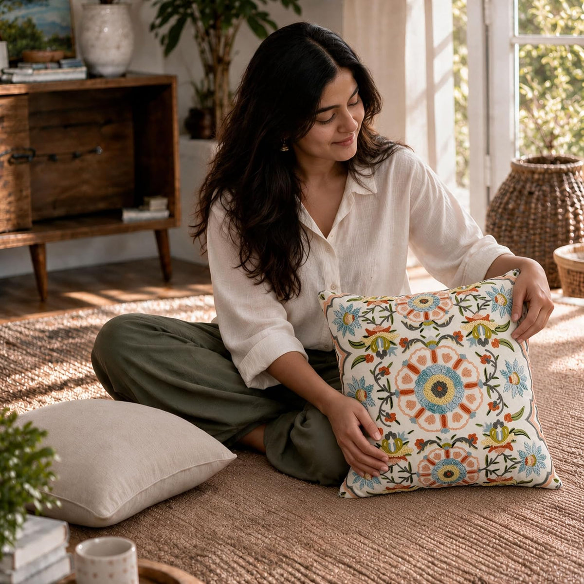 HOKIPO Crewel Embroidery Cushion Cover, Floral Medallion Multicolor, 16 x 16 in - image 7