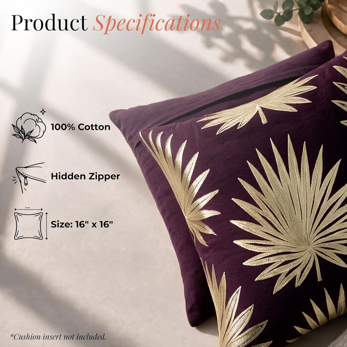 HOKIPO Embroidered Cushion Cover with Foil Print, Palm Leaf Burgundy, 16 x 16 in - image 4