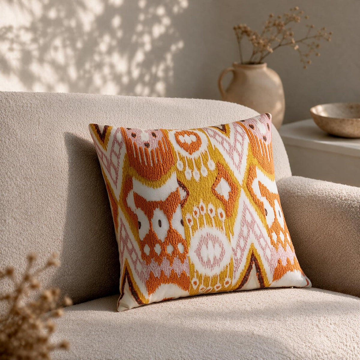 HOKIPO Printed Cushion Cover with Embroidery, Boho Ikat Marigold, 16 x 16 in - image 1