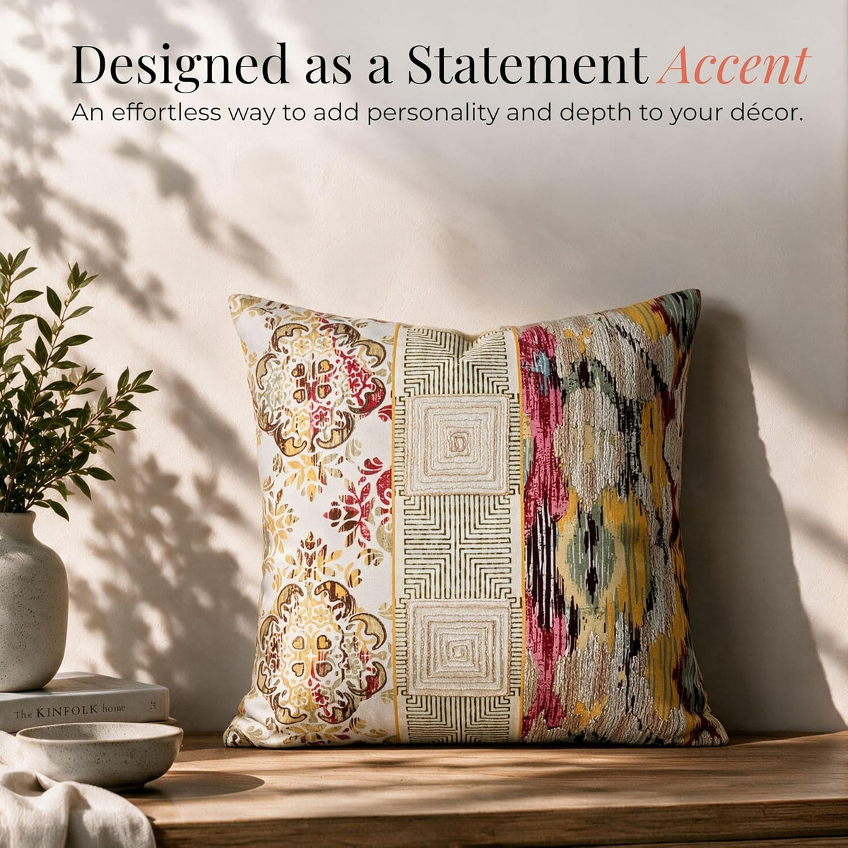 HOKIPO Satin Stitch Embroidery Cushion Cover, Multicolor Eclectic, 16 x 16 in - image 5
