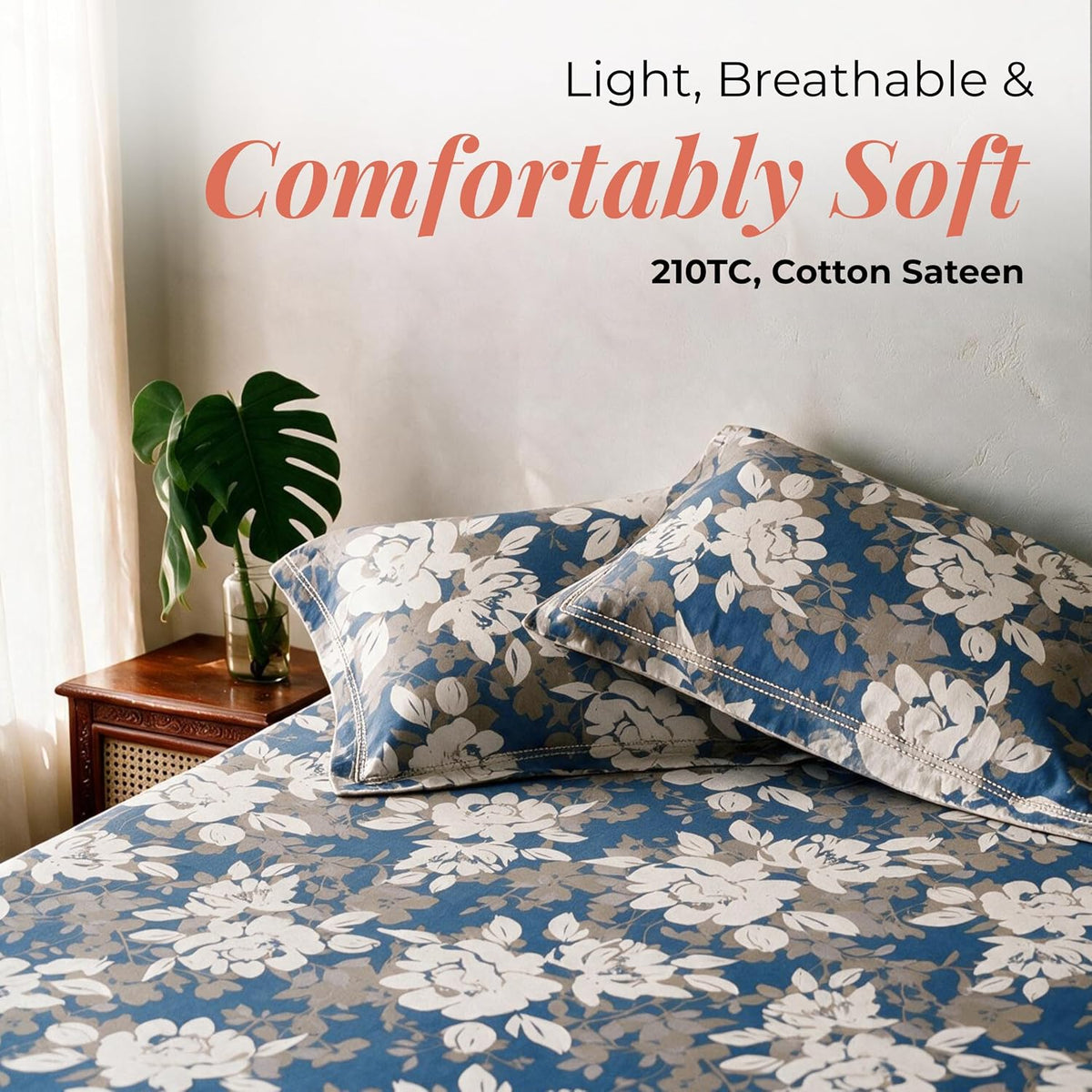HOKIPO Floral 210 TC Cotton Sateen Flat Bedsheet, King, Beige & Ivory - image 2