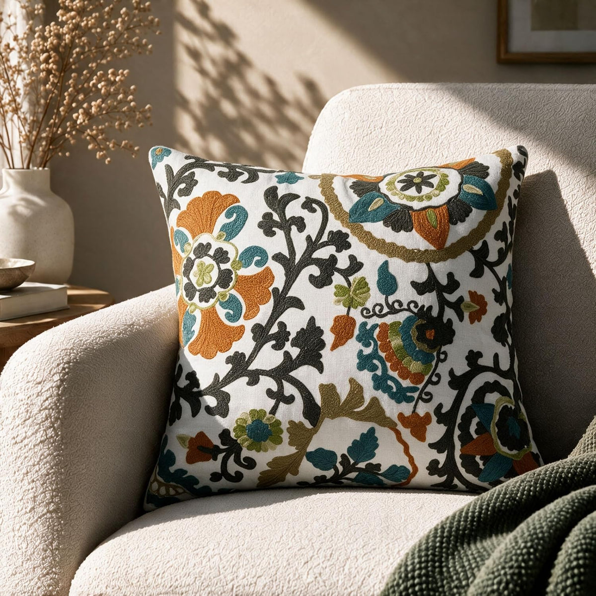 HOKIPO Crewel Embroidered Cushion Cover, Botanical Vine Grey, 16 x 16 in - image 1