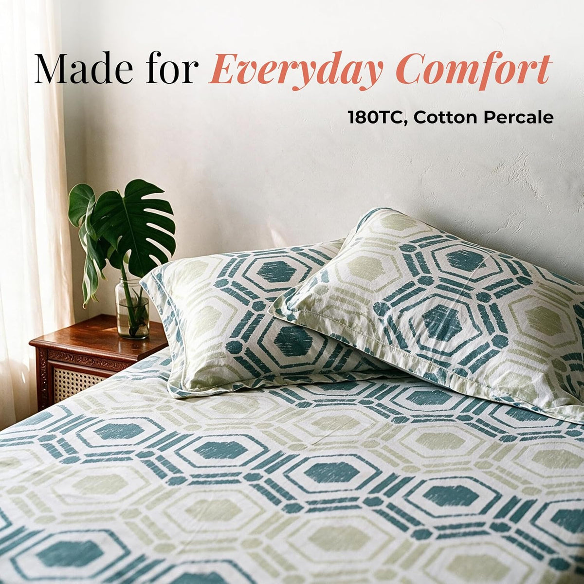 HOKIPO Geometric 180 TC Cotton Percale Flat Bedsheet, King Size, Green Teal - image 2