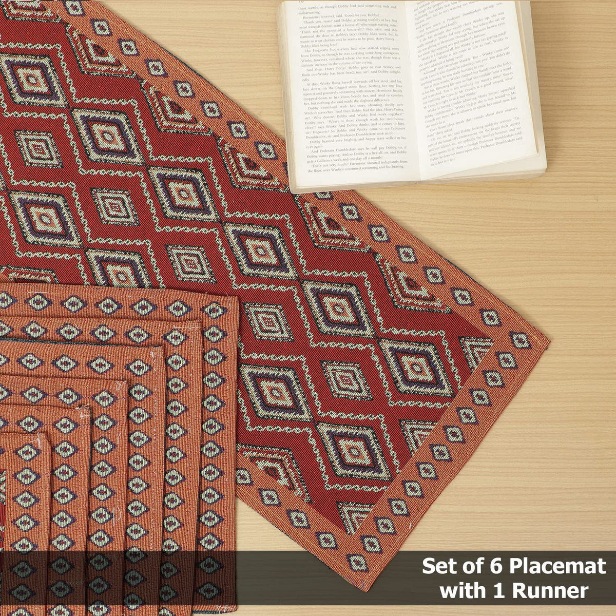 Cotton Jacquard Dining Table Mats, Red Diamond