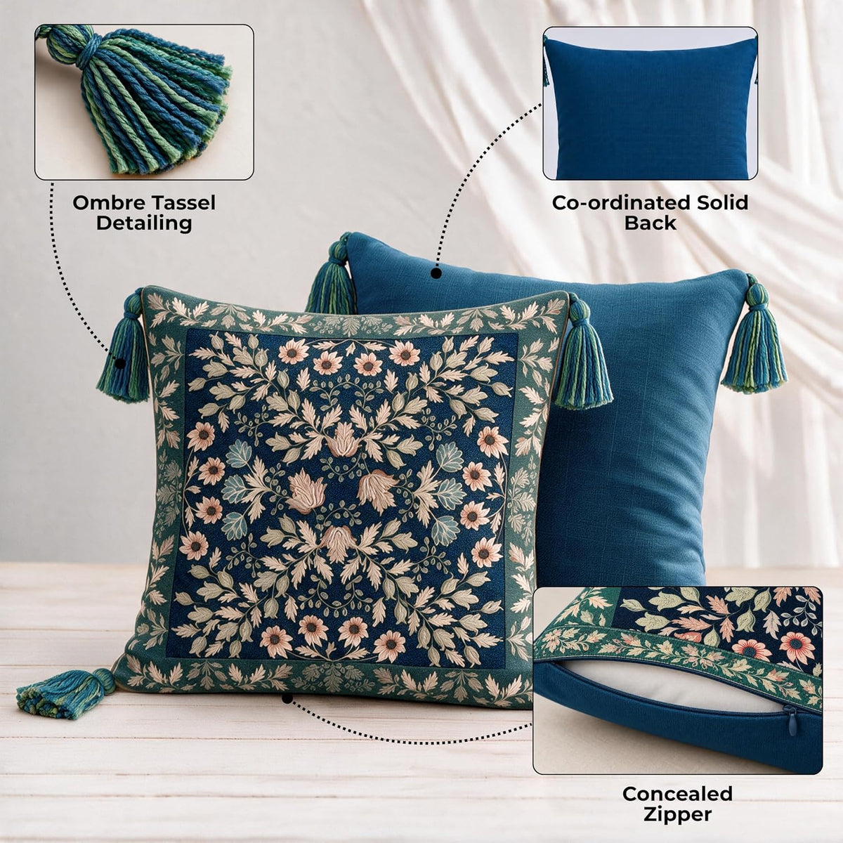 HOKIPO Floral Printed & Embroidered Cushion Cover, Midnight Blue, Set of 2 - image 4