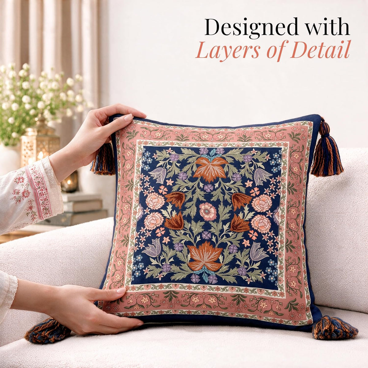HOKIPO Decorative Floral Printed & Embroidered Cushion Cover, Midnight Navy, Set of 2 - image 2