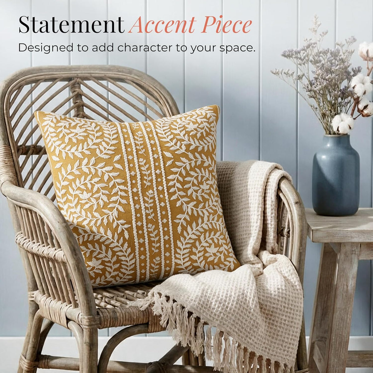 HOKIPO Printed Cushion Cover with Embroidery, Botanical Stripe Mustard, 16 x 16 in - image 5