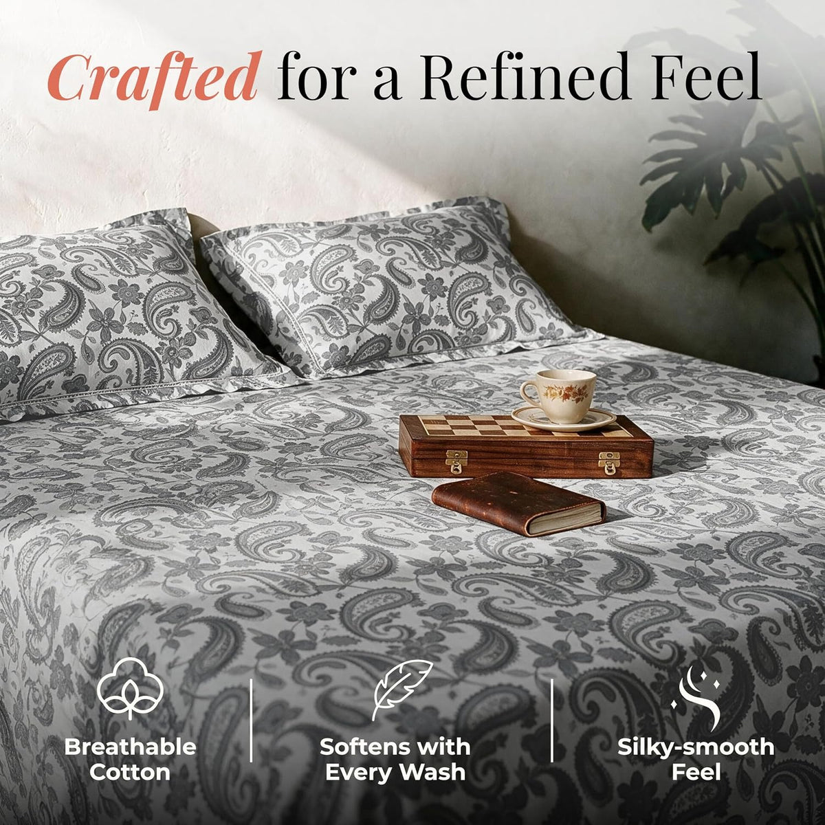 HOKIPO Timeless Paisley 300 TC Cotton Sateen Flat Bedsheet, King Size, Grey - image 3