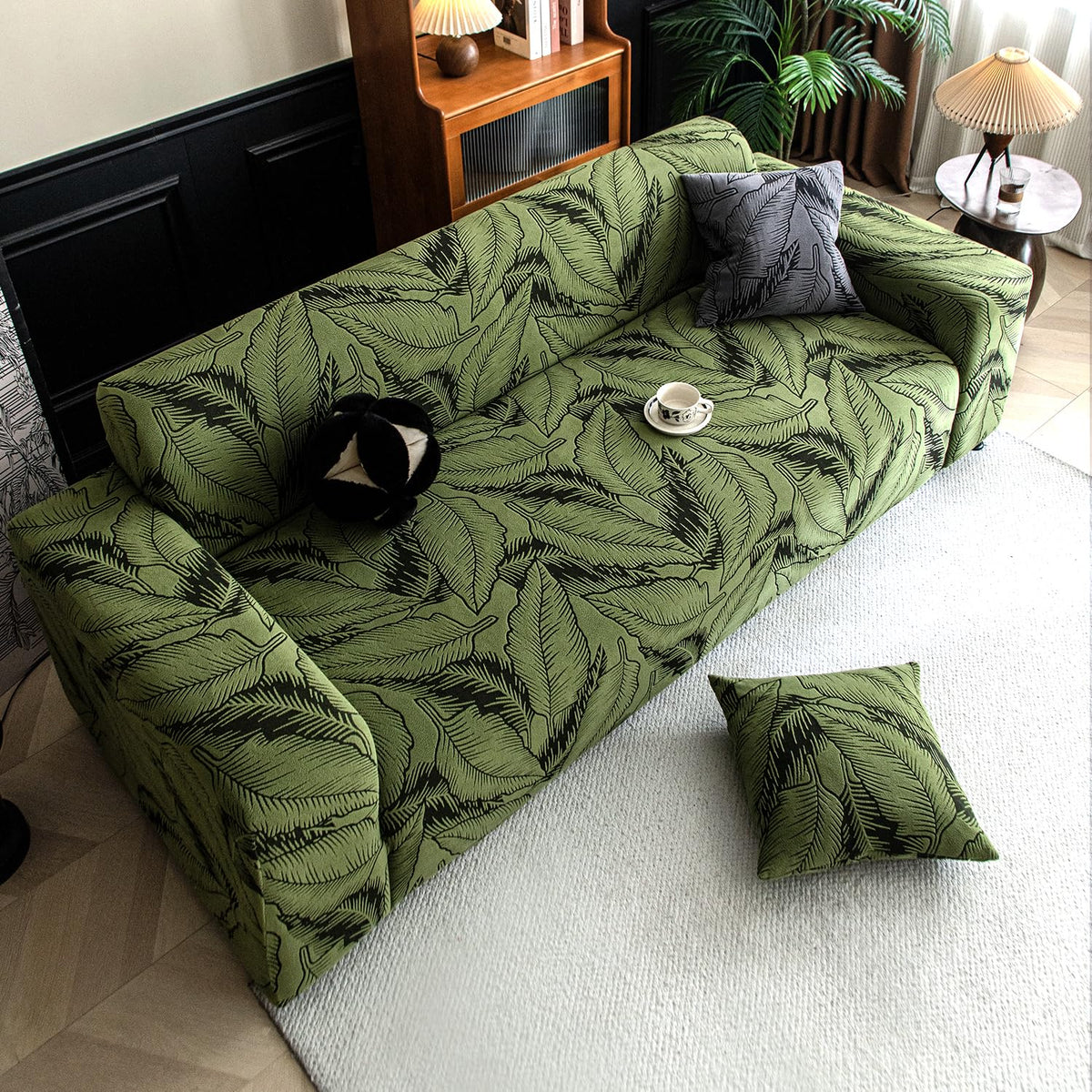 Buy olive green colour dual tone series knitting jacquard elastic 3 seater sofa cover​s & pillow covers