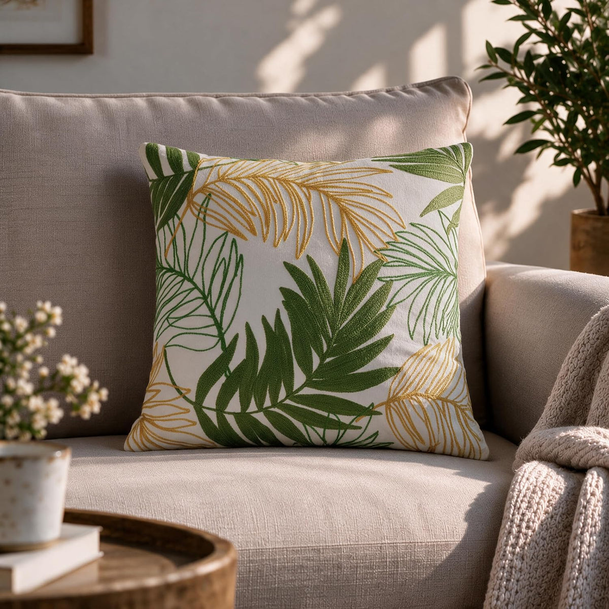 HOKIPO Crewel Embroidered Cushion Cover, Green & Mustard, 16 x 16 in - image 1