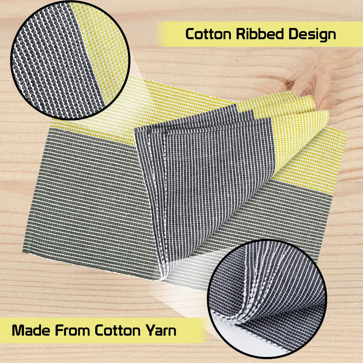 Ribbed Cotton Heat Resistant Dining Table Mat, Yellow & Grey