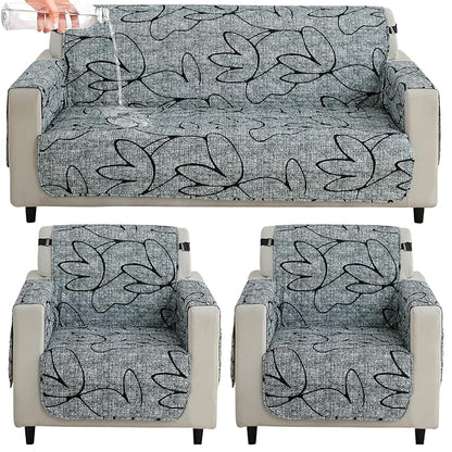 Waterproof & Quick-Dry Quilted Sofa Cover with Pockets on Armrest, Intense Grey Abstract Floral