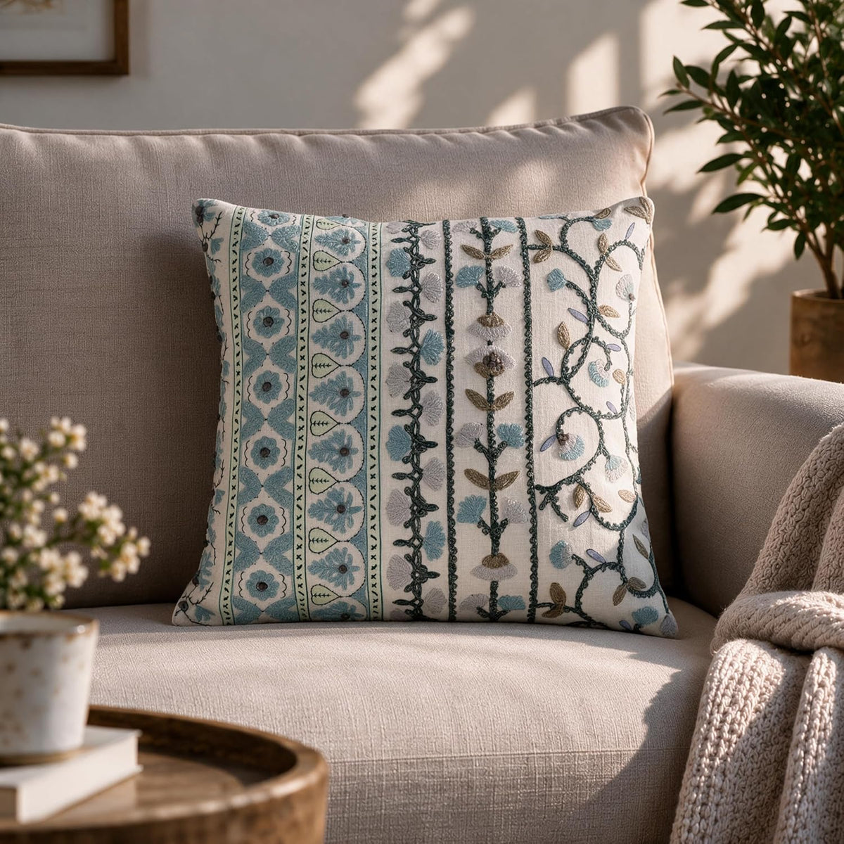 HOKIPO Printed Cushion Cover with Embroidery, Floral Strip Ivory, 16 x 16 in (Heathered Embroidery) - image 1