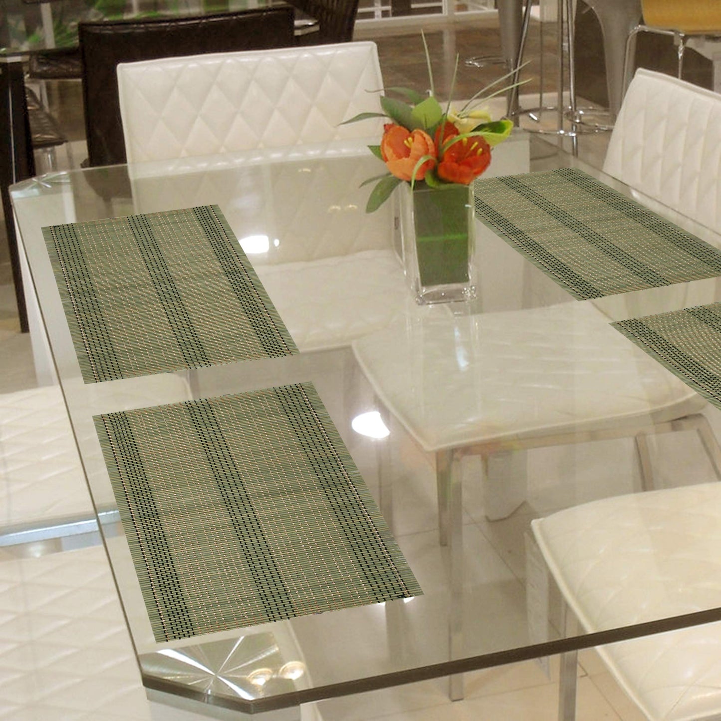 Reversible Bamboo Table Mats for Dining Table, Set of 6 Placemats, 45x30 cm, Moss Green