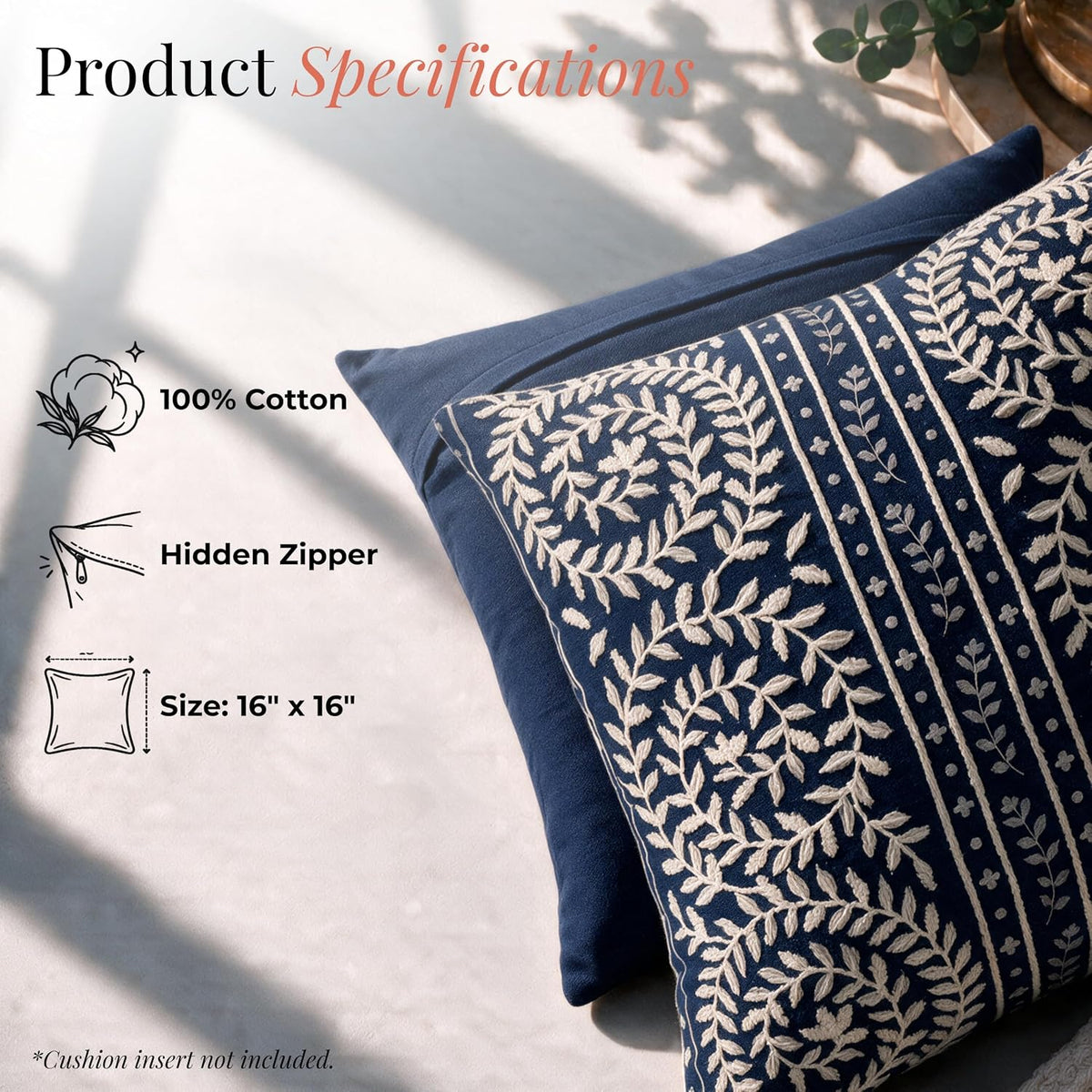 HOKIPO Printed Cushion Cover with Embroidery, Botanical Stripe Blue, 16 x 16 in - image 4