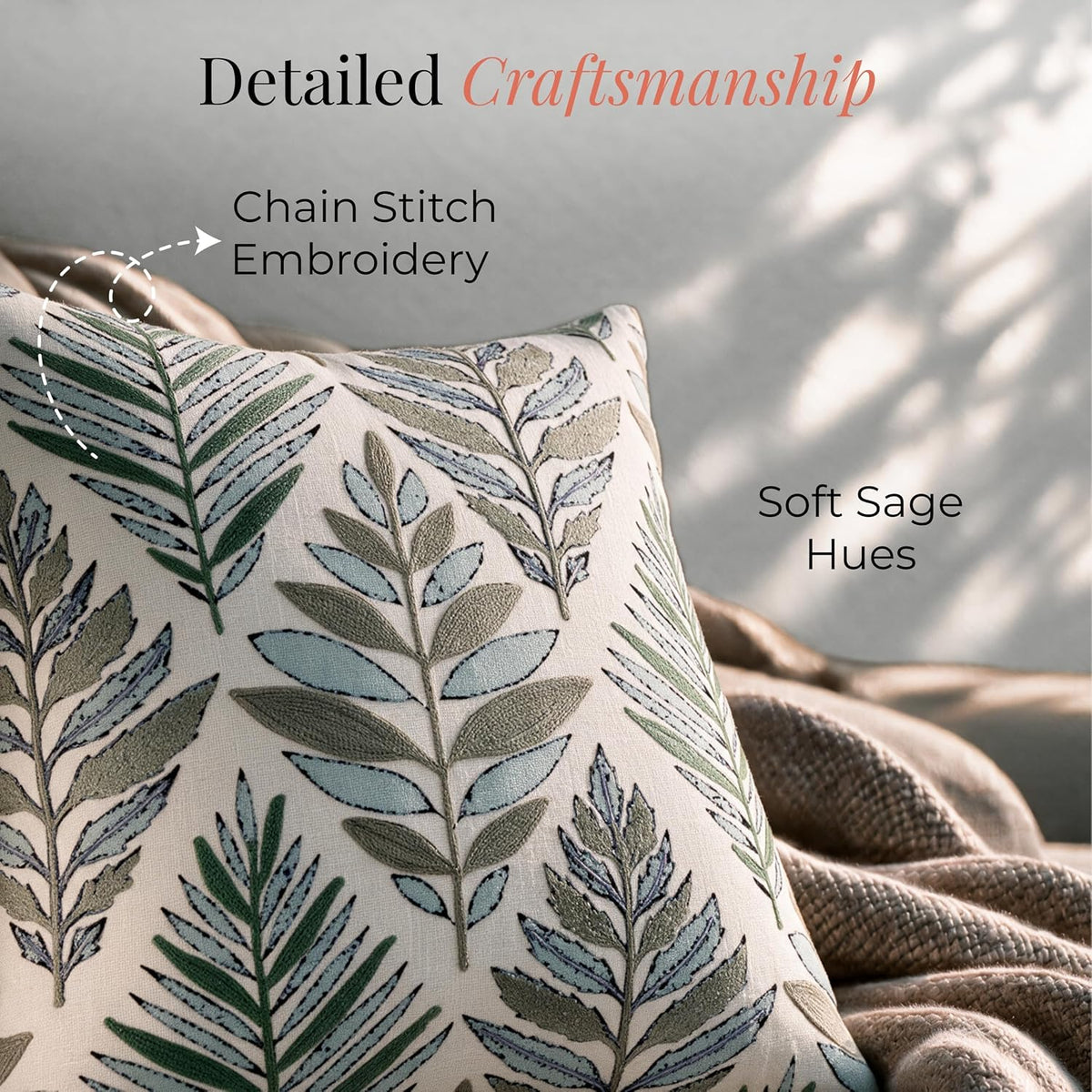 HOKIPO Printed Cushion Cover with Crewel Embroidery, Botanical Leaf Ivory, 16 x 16 in - image 3