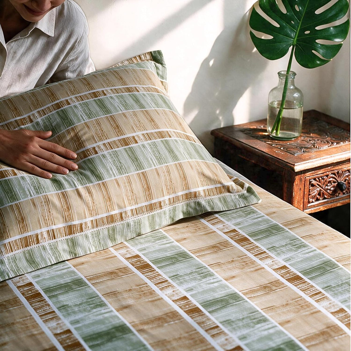 HOKIPO 180 TC Cotton Twill Flat Bedsheet in King Size, Mustard & Green - image 7