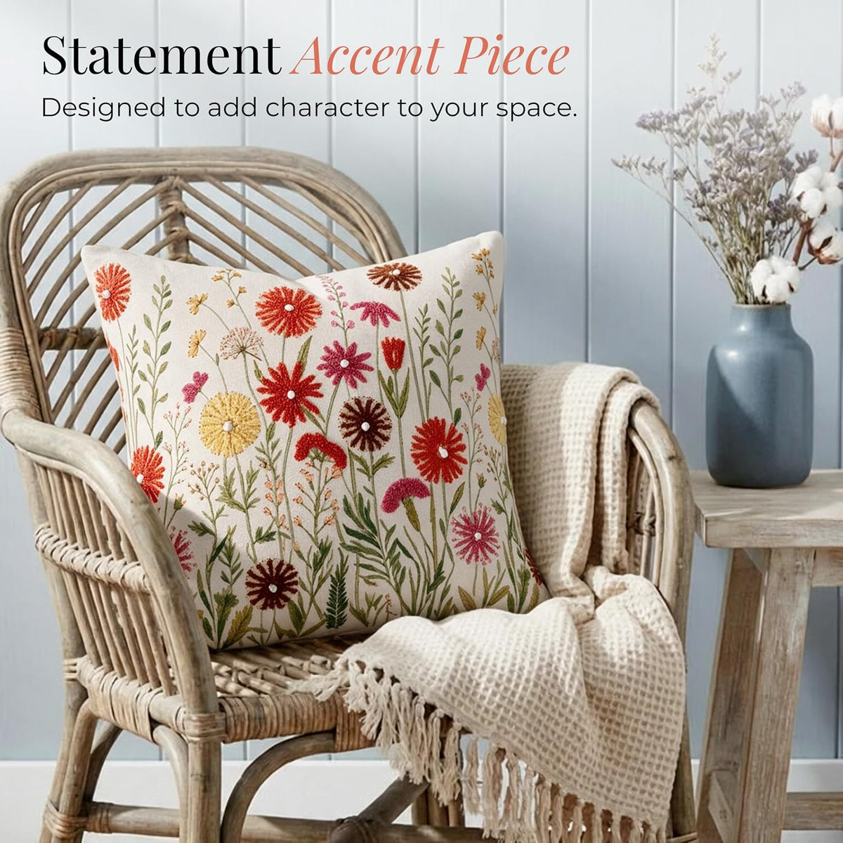HOKIPO Bouclé Embroidered Cushion Cover, Meadow Multicolor, 16 x 16 in - image 5