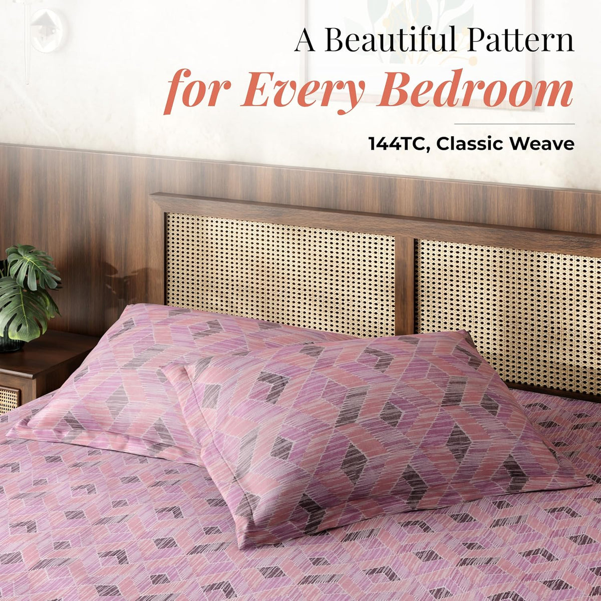 HOKIPO King Size Cotton Bedsheet, 2 Pillow Covers, Linear Geometry, Rose - image 2