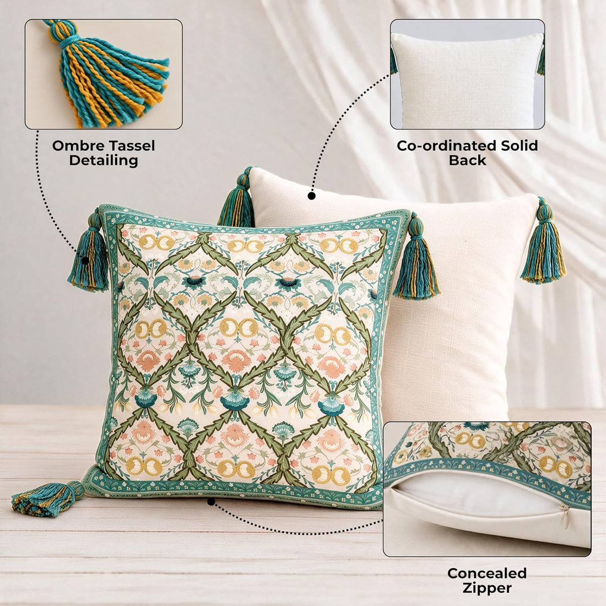 HOKIPO Floral Motif Printed & Embroidered Cushion Cover, Teal, Set of 2 - image 4