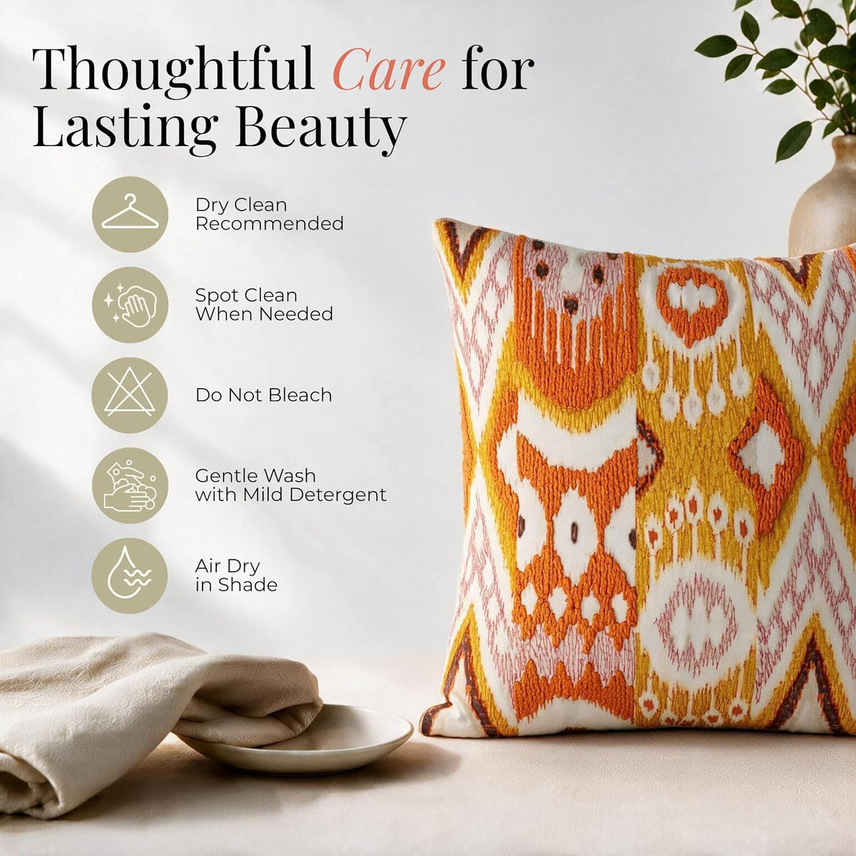 HOKIPO Printed Cushion Cover with Embroidery, Boho Ikat Marigold, 16 x 16 in - image 6
