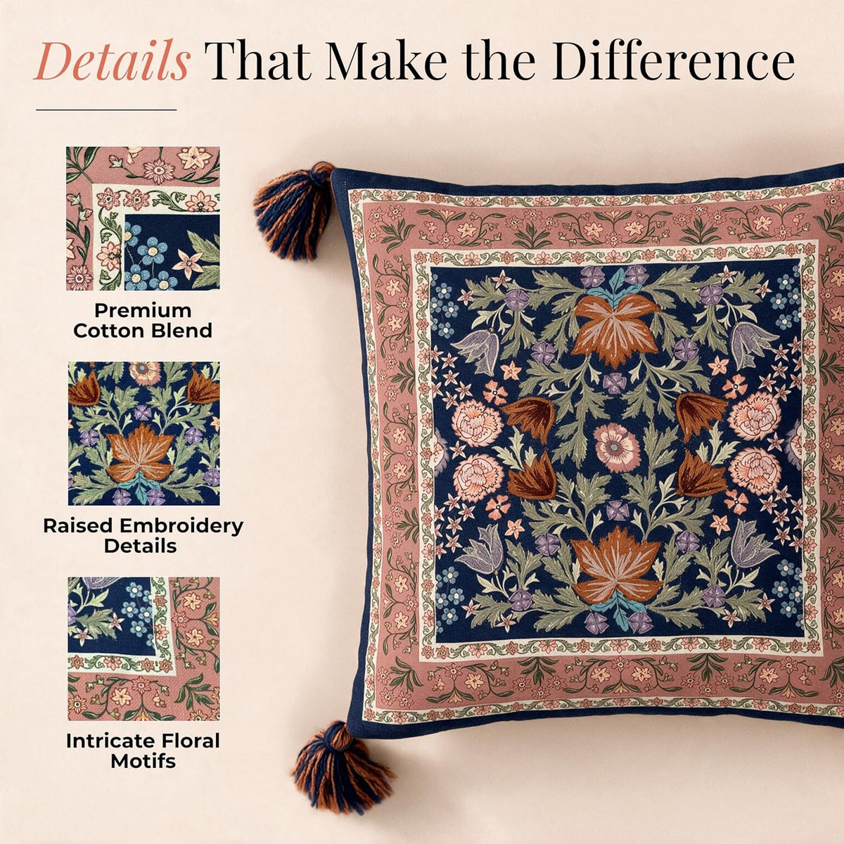 HOKIPO Decorative Floral Printed & Embroidered Cushion Cover, Midnight Navy, Set of 2 - image 3