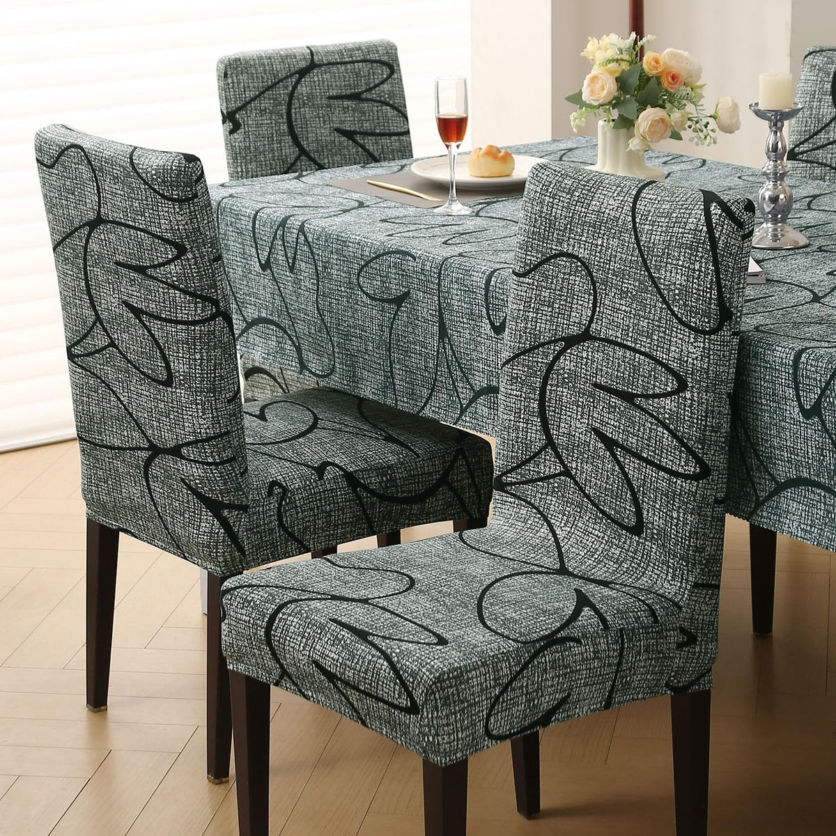 Elastic Dining Chair Covers with Matching Tablecloth, Intense Grey Abstract Floral