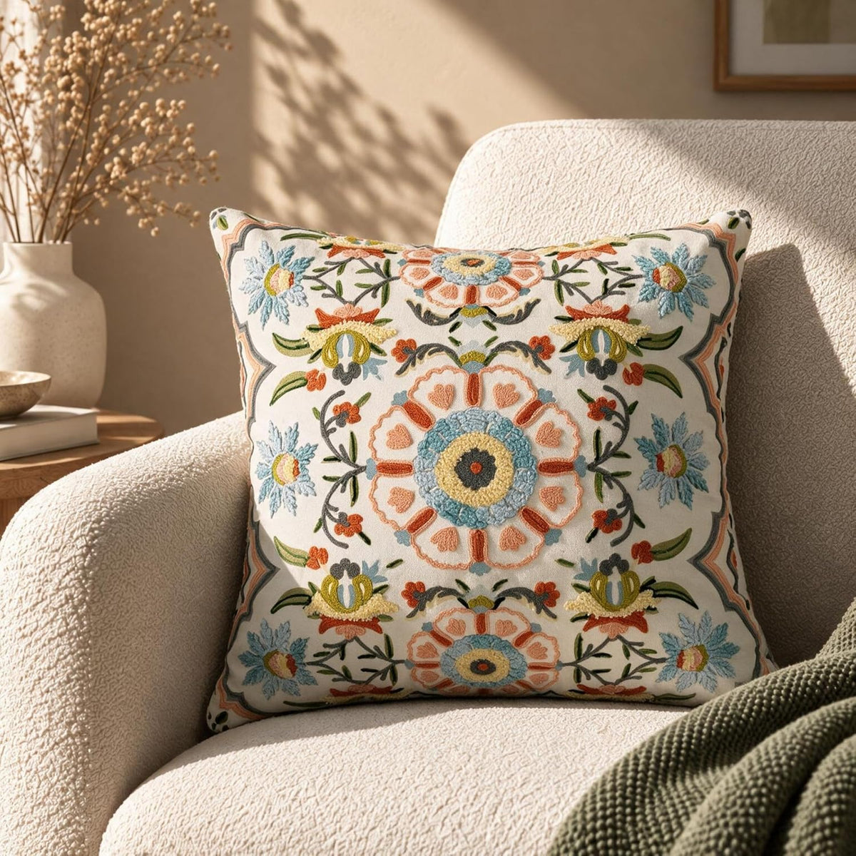 HOKIPO Crewel Embroidery Cushion Cover, Floral Medallion Multicolor, 16 x 16 in - image 1