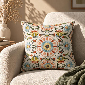 HOKIPO Crewel Embroidery Cushion Cover, Floral Medallion Multicolor, 16 x 16 in - image 1