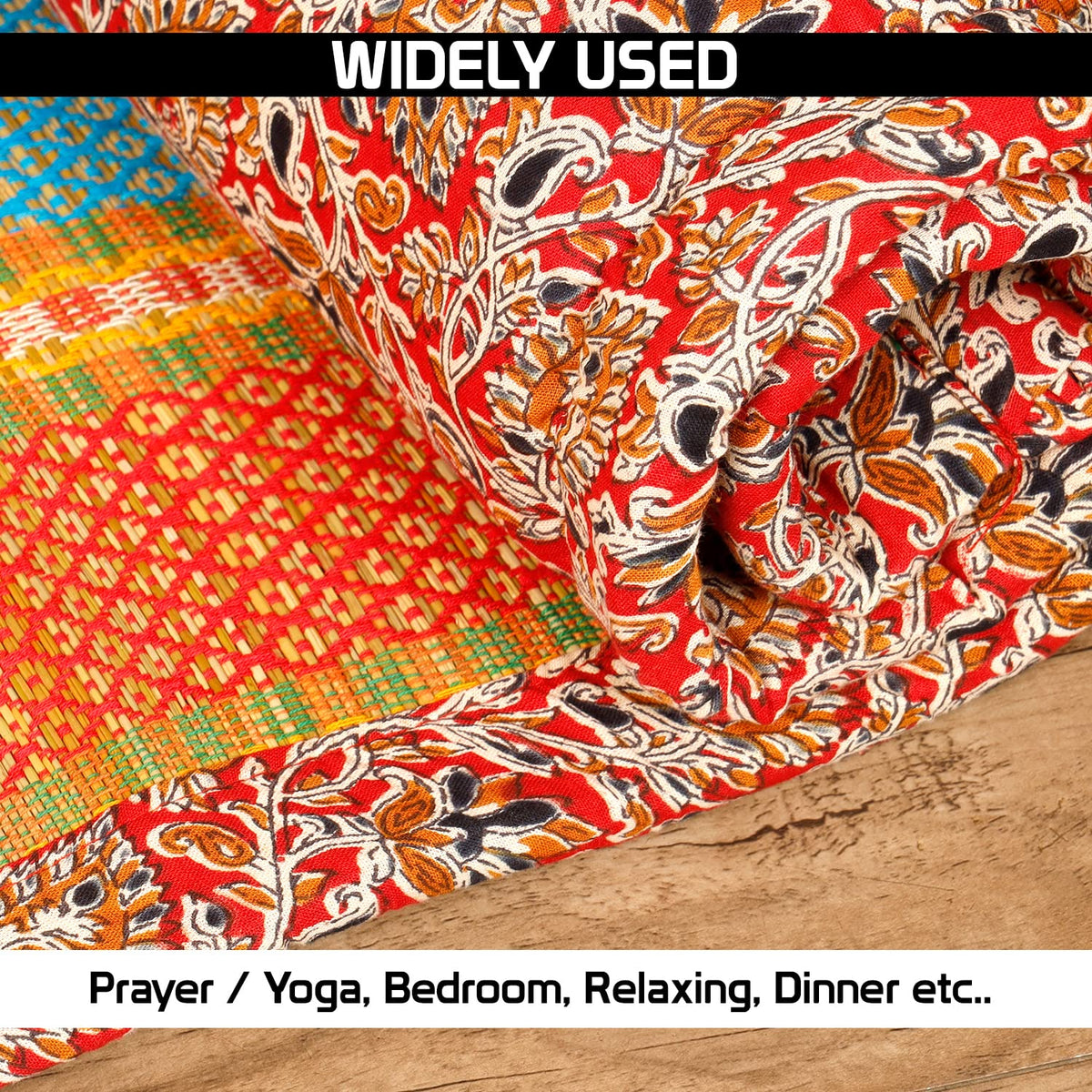 Red Colour Handcrafted Madurkathi mat with Kalamkari print, eco-friendly multipurpose mat for yoga, prayer, dining, relaxing and home.