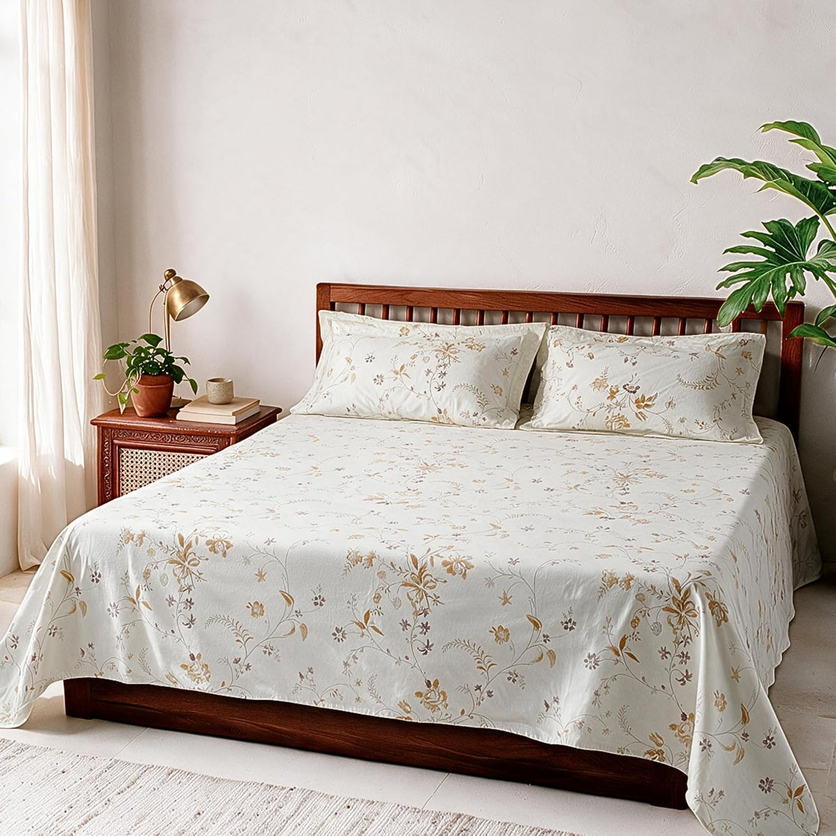 HOKIPO Geometric 300 TC Cotton Sateen Flat Bedsheet, King, Mustard & Ochre - image 8
