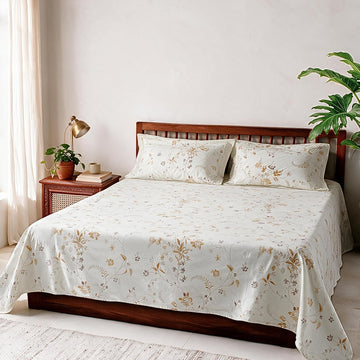 HOKIPO Floral 300TC Cotton Sateen Flat Bedsheet, King, Ochre & Lavender - image 1