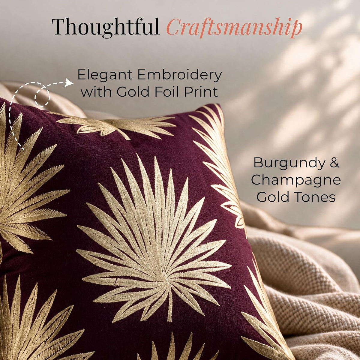 HOKIPO Embroidered Cushion Cover with Foil Print, Palm Leaf Burgundy, 16 x 16 in - image 3