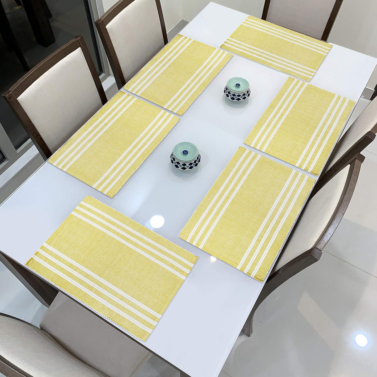 Ribbed Cotton Heat Resistant Dining Table Mat, Yellow Striped