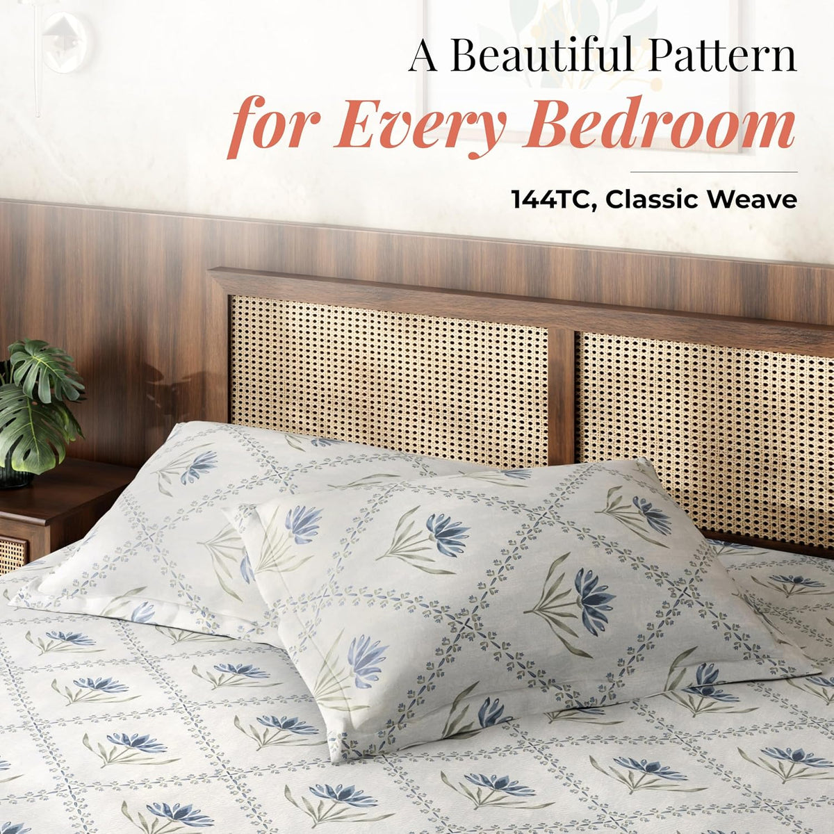 HOKIPO King Size Cotton Bedsheet, 2 Pillow Covers, Lotus, Slate Blue - image 2