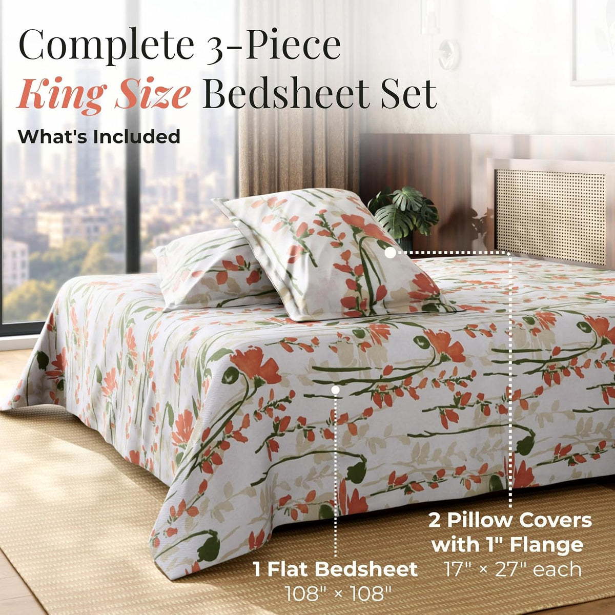 HOKIPO King Size Cotton Bedsheet, 2 Pillow Covers, Floral, Terracotta - image 7