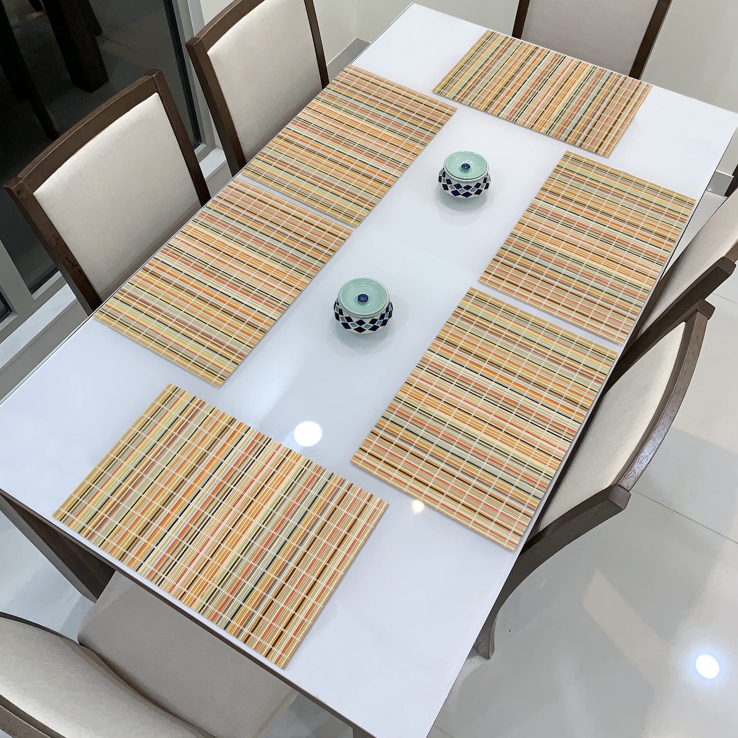 Reversible Bamboo Table Mats for Dining Table, Set of 6 Placemats, 45x30 cm, Rainbow Stripes