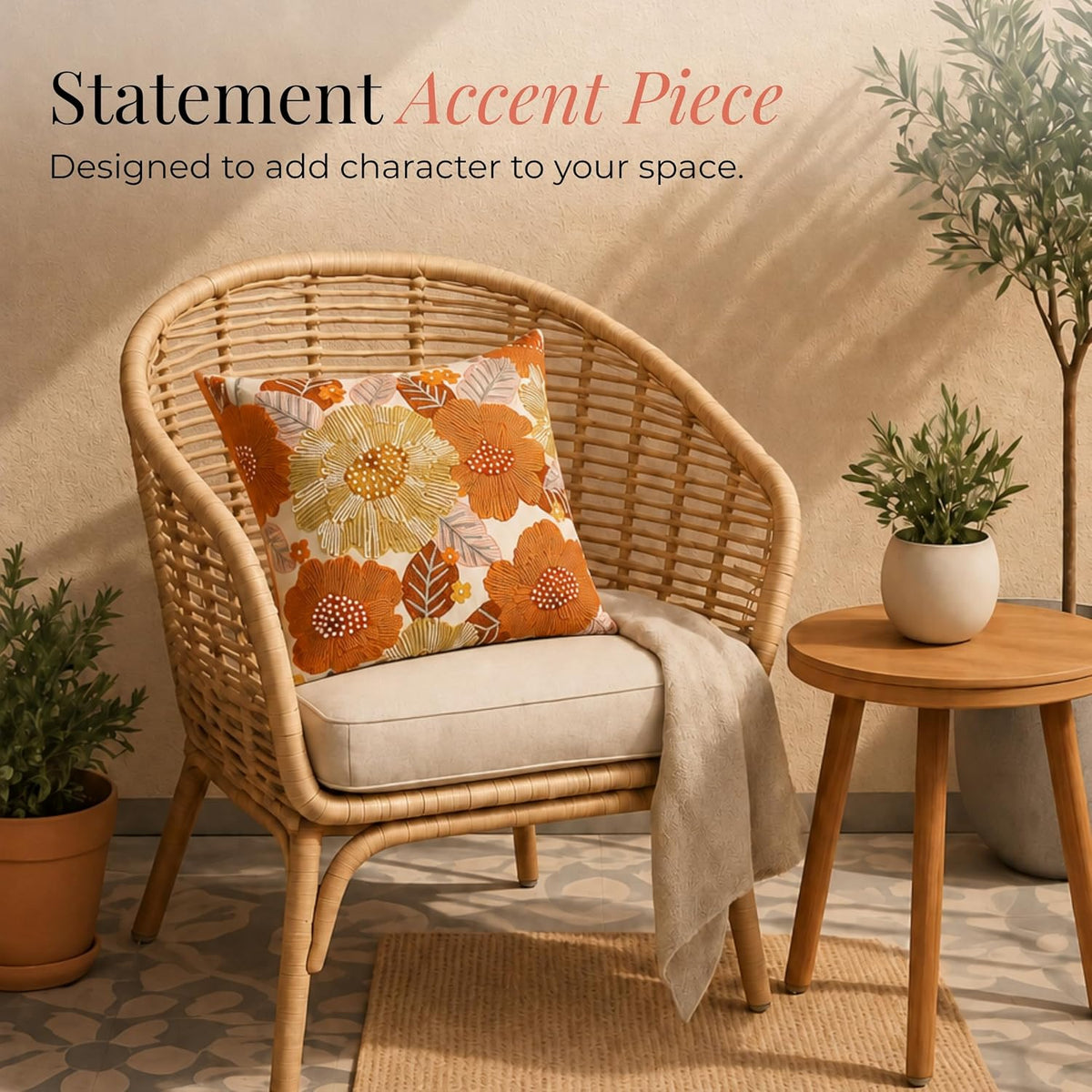 HOKIPO Printed Cushion Cover with Embroidery, Tropical Bloom Orange, 16 x 16 in - image 5
