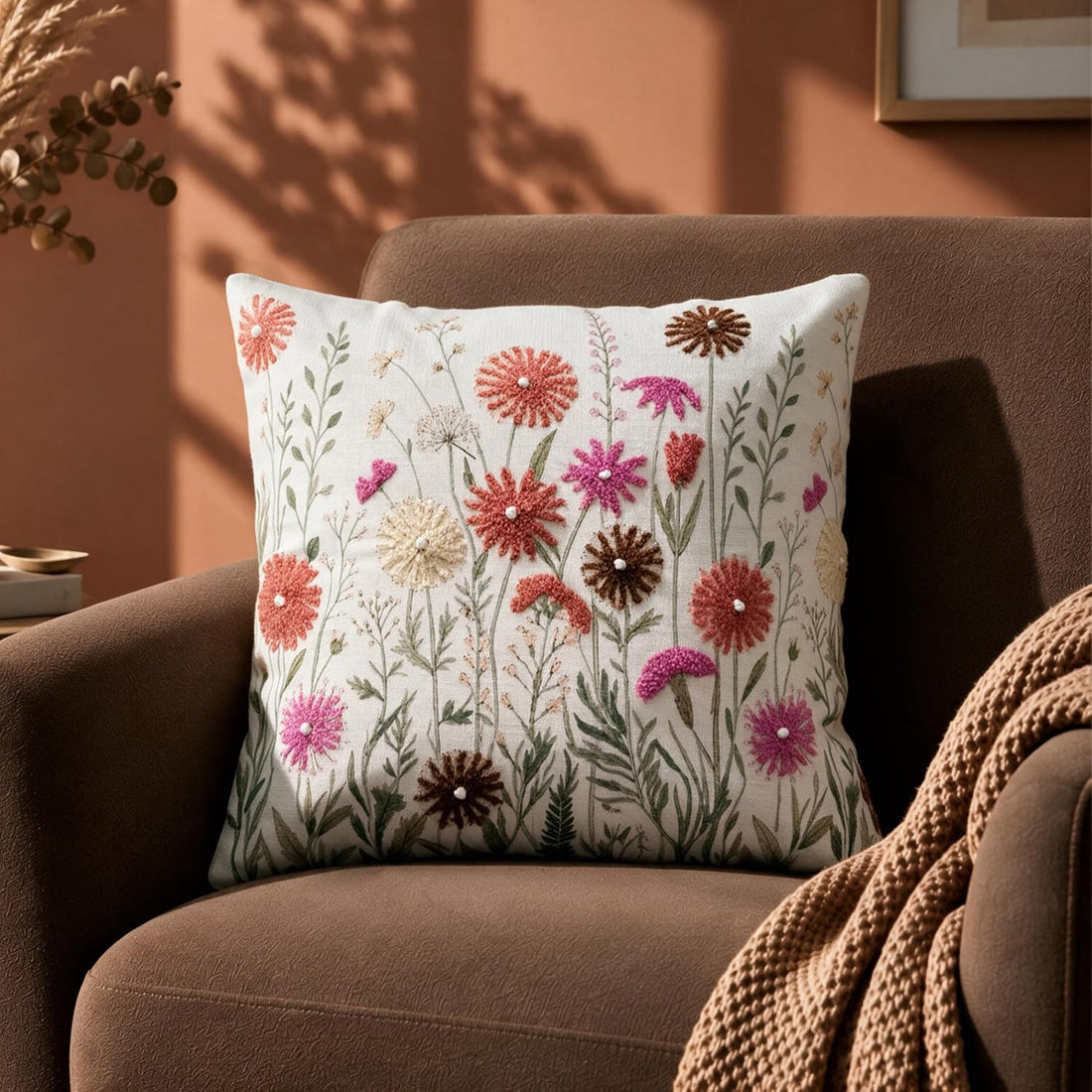 HOKIPO Bouclé Embroidered Cushion Cover, Meadow Multicolor, 16 x 16 in - image 1