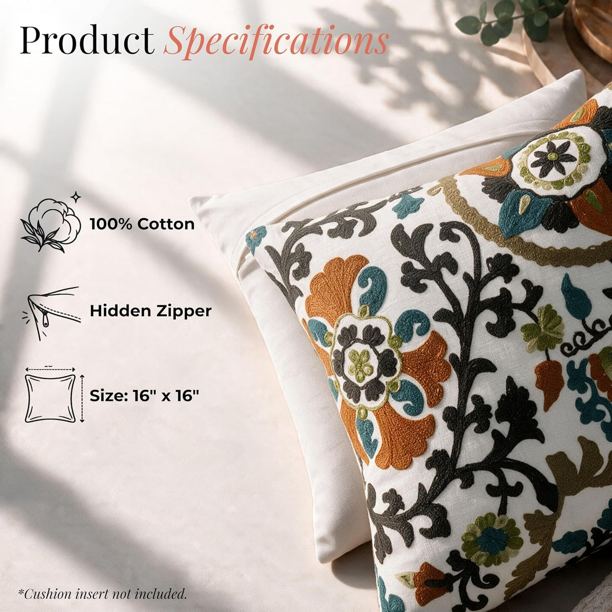 HOKIPO Crewel Embroidered Cushion Cover, Botanical Vine Grey, 16 x 16 in - image 4