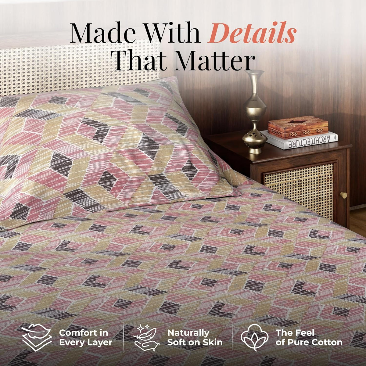 HOKIPO King Size Cotton Bedsheet, 2 Pillow Covers, Geometric, Blush Sand - image 4