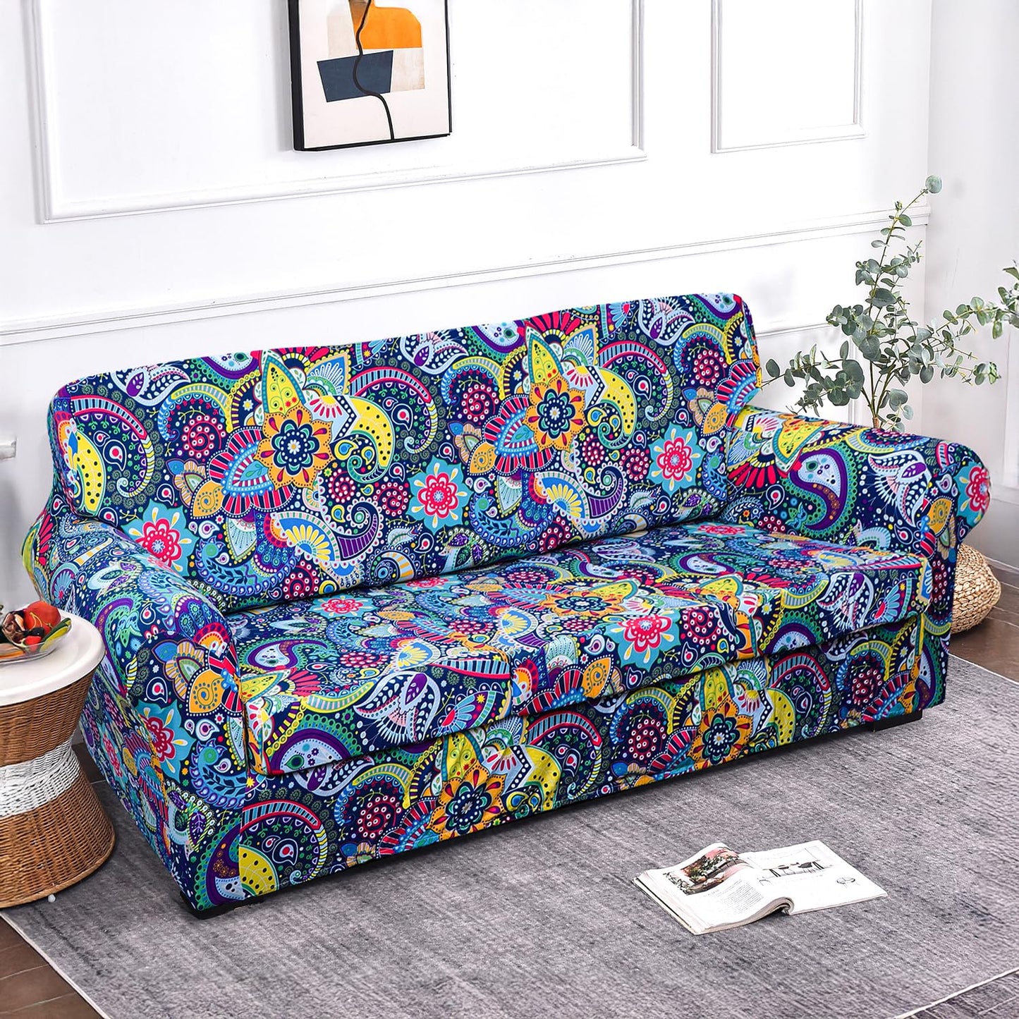 Printed Stretchable Sofa Slipcover with 1/2/3 Pc Separate Seat Cushion Cover for each 1/2/3 Seater, Saphire Boho Carnival