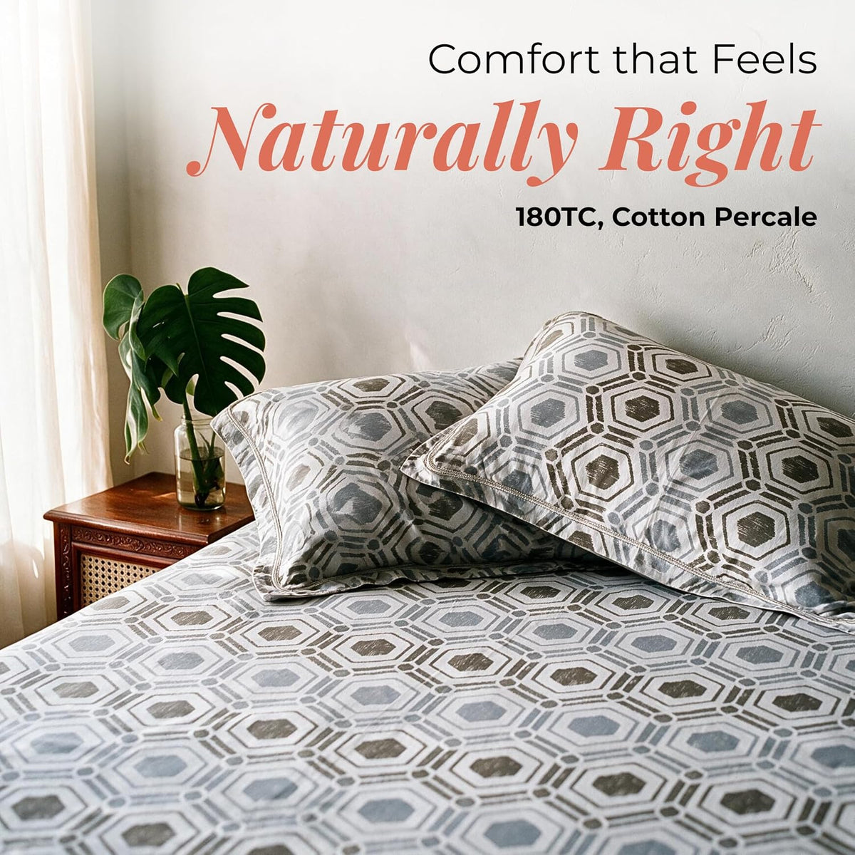 HOKIPO Geometric 180 TC Cotton Percale Flat Bedsheet, King Size, Buff Grey - image 2