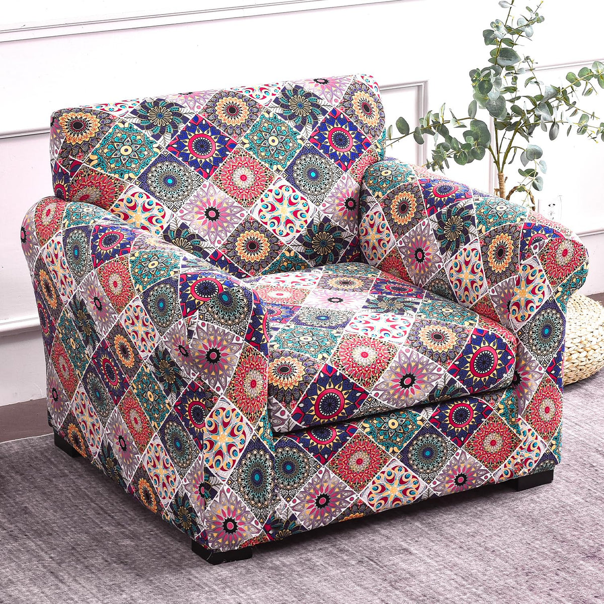 Printed Stretchable Sofa Slipcover with 1/2/3 Pc Separate Seat Cushion Cover for each 1/2/3 Seater, Spectrum Mosaic Magic